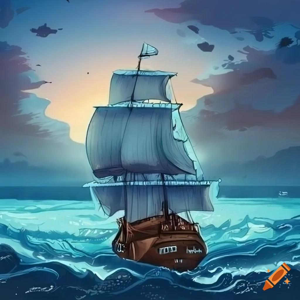 cartoon of a pirate ship on the ocean