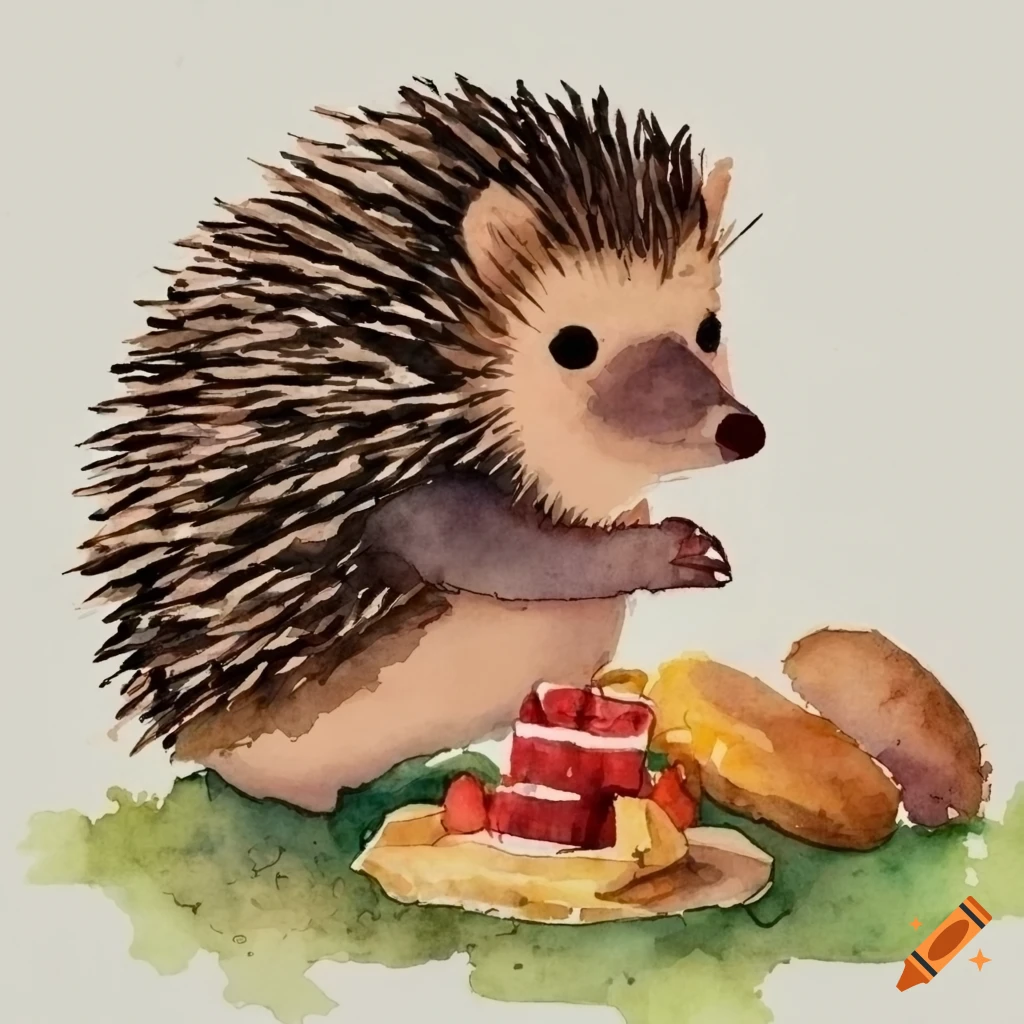 watercolor illustration of a hedgehog having a picnic