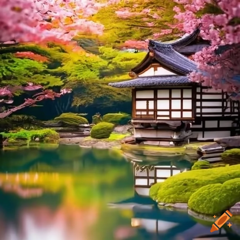 Japanese garden with cherry blossom tree and traditional house