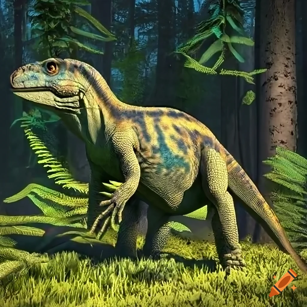 colorful Iguanodon dinosaur in warm morning light