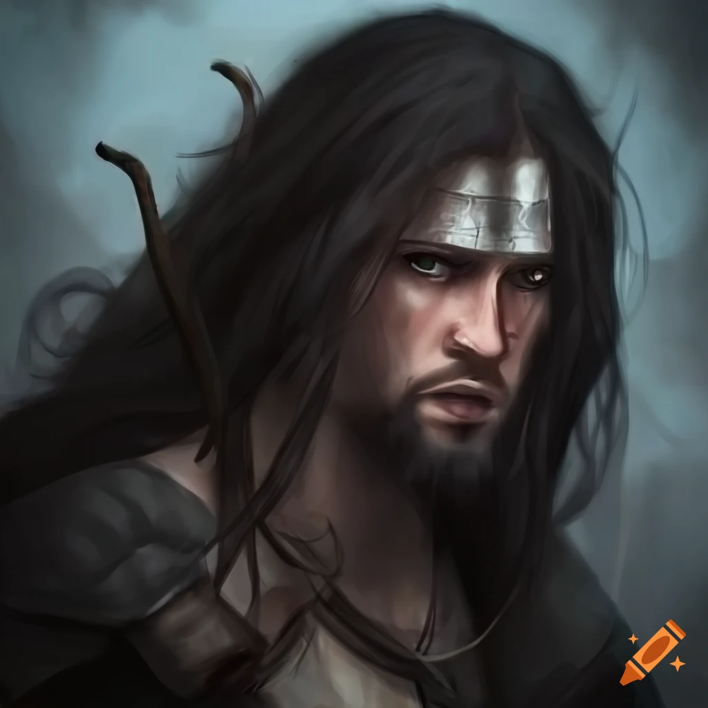 Medieval warrior with long dark hair walking in the wilderness on Craiyon