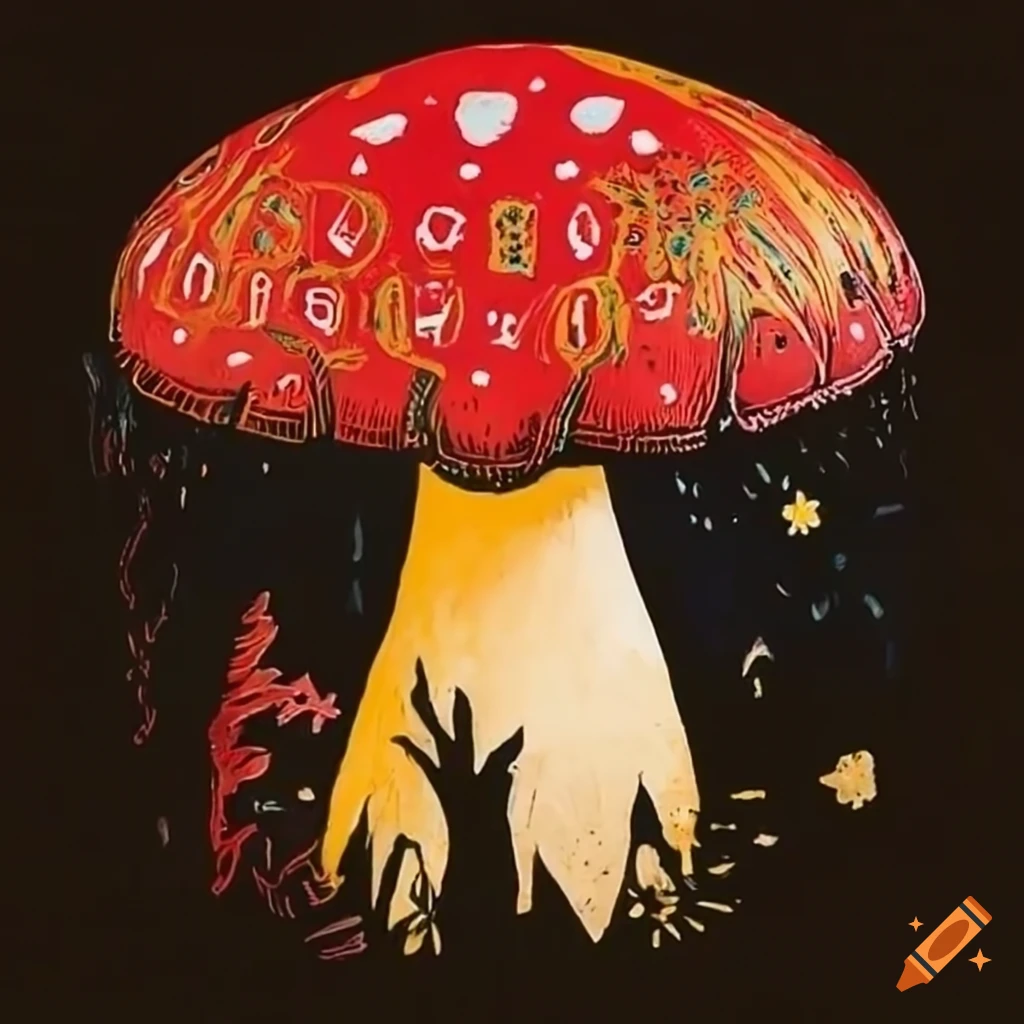 vibrantly colored linocut of amanita shaman celebrating
