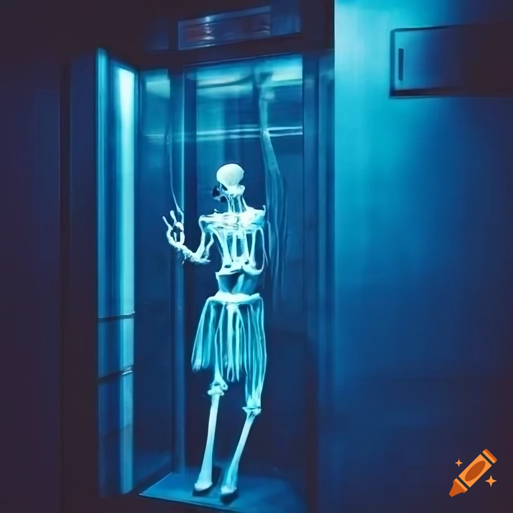 Realistic cyanotype photo of a skeleton in an elevator