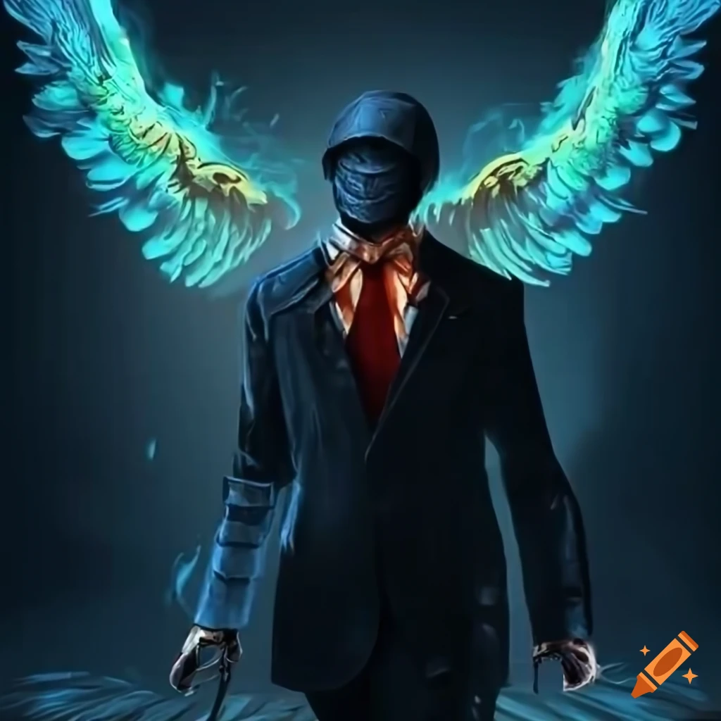 vibrant logo of a mysterious man with phoenix wings and aura