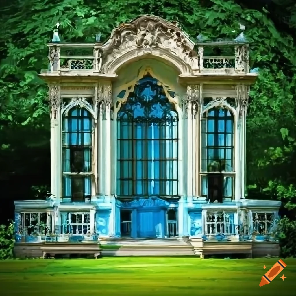 Rococo stucco entrance on classical building with garden on Craiyon