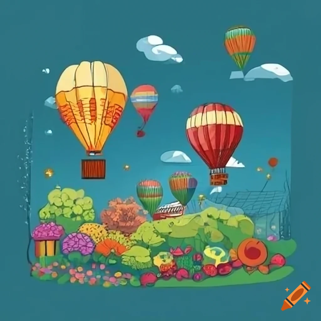 colorful garden with hot air balloons and toys