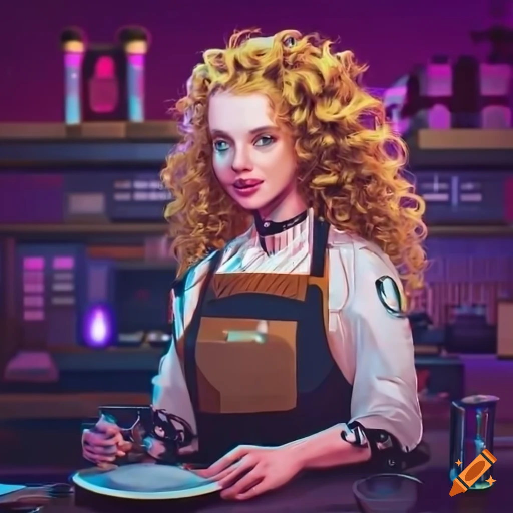 smiling cyberpunk barista girl with long blond hair