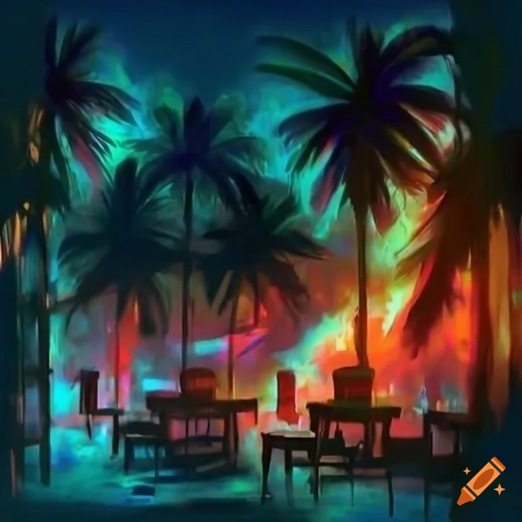 nightclub with broken neon lights and palm trees