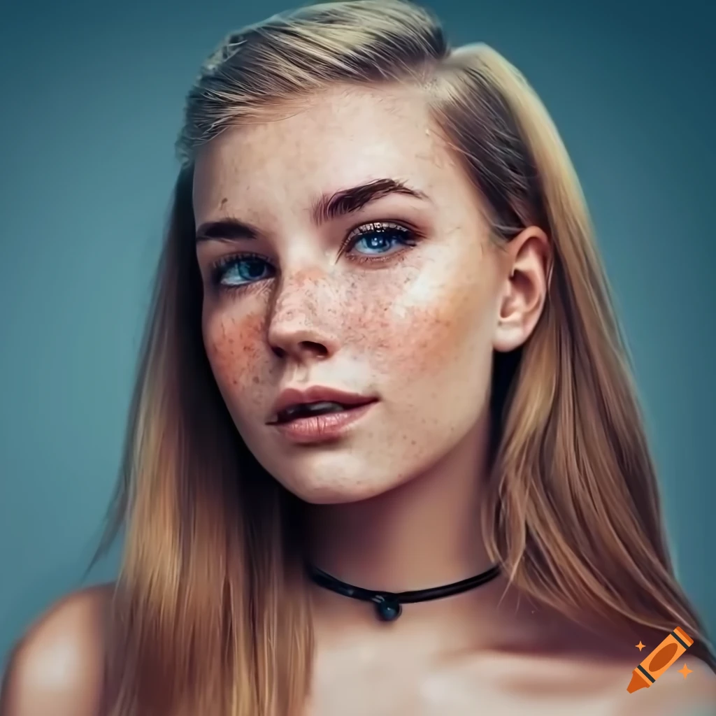 Portrait of a beautiful young woman with a shy smile and freckles on ...
