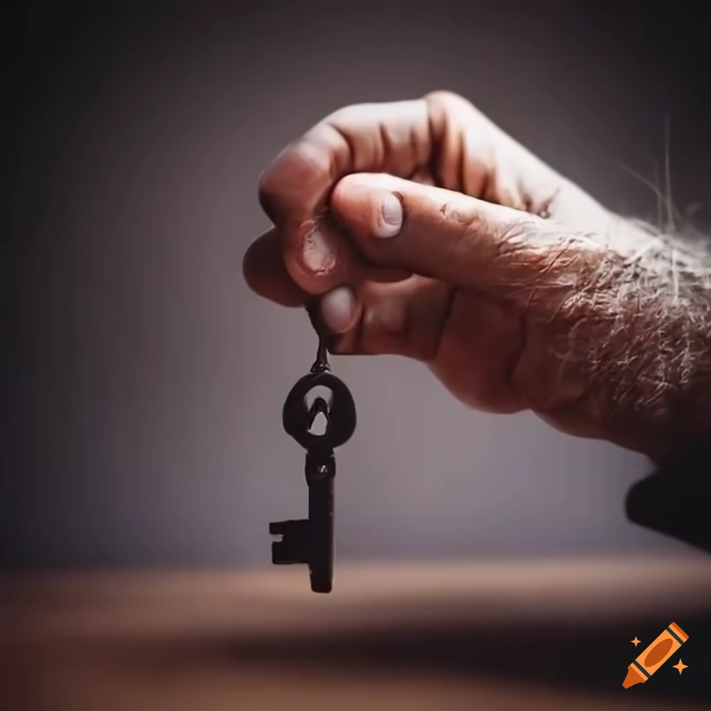 vintage hand holding a key over a desk
