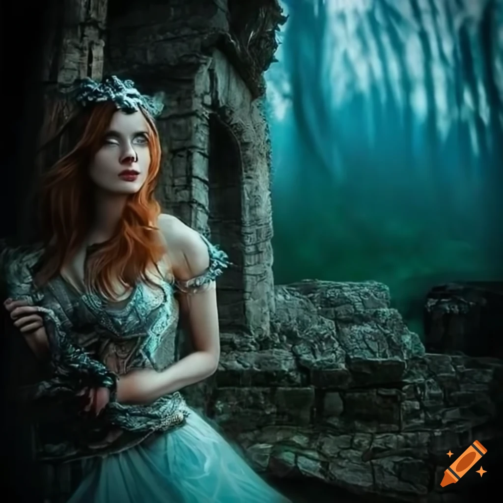 portrait of a beautiful elven sorceress in a haunted castle