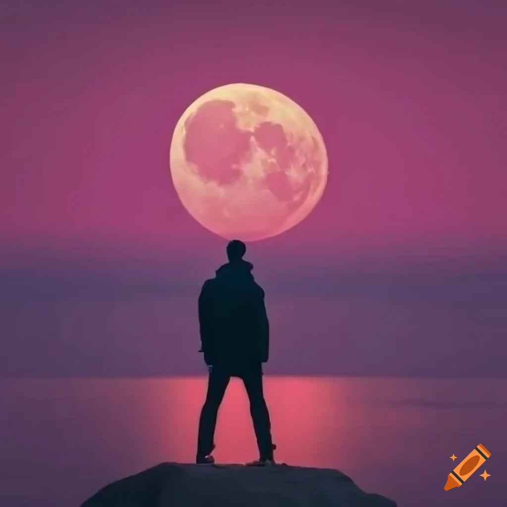 silhouette of a man watching the pink moon over Tarragona city