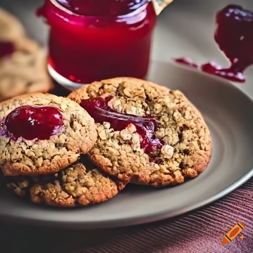 Oatmeal cookies with raspberry jam on Craiyon