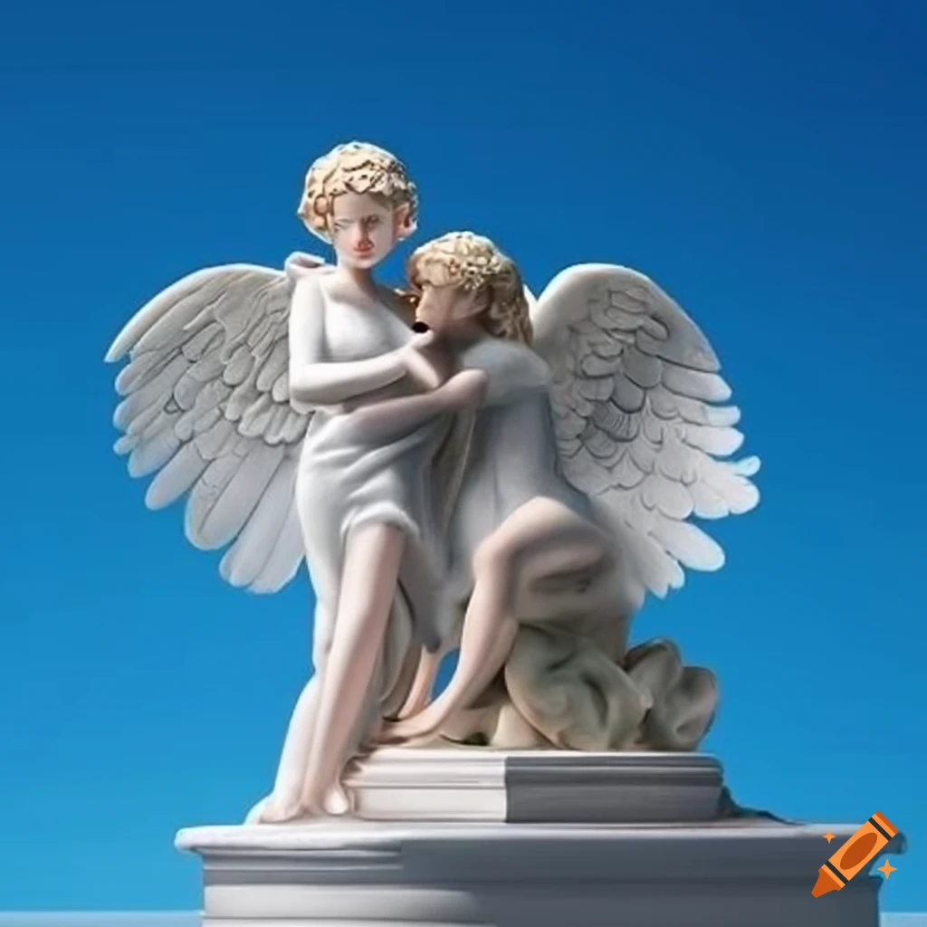 White plaster statues of hugging angels on Craiyon