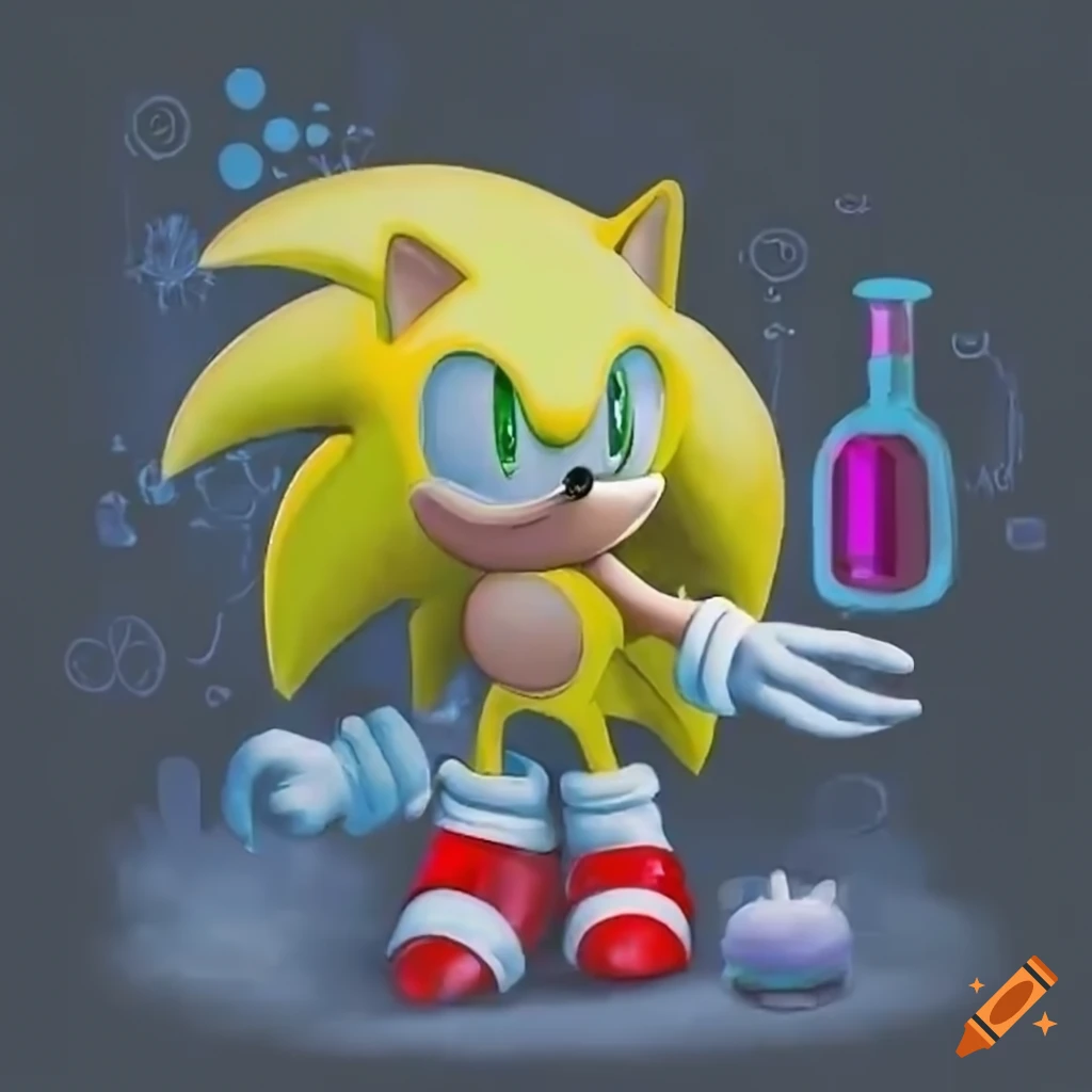Yellow sonic the hedgehog on a chemistry background