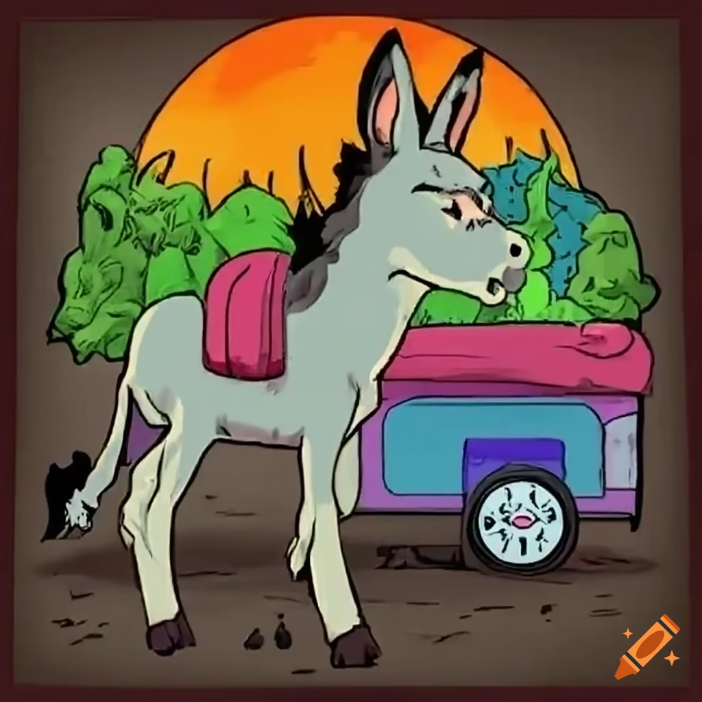 donkey pulling a camping trailer