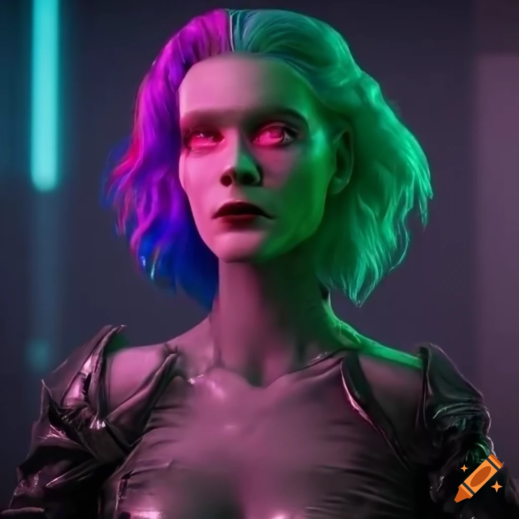neon-haired bride of Frankenstein in futuristic style
