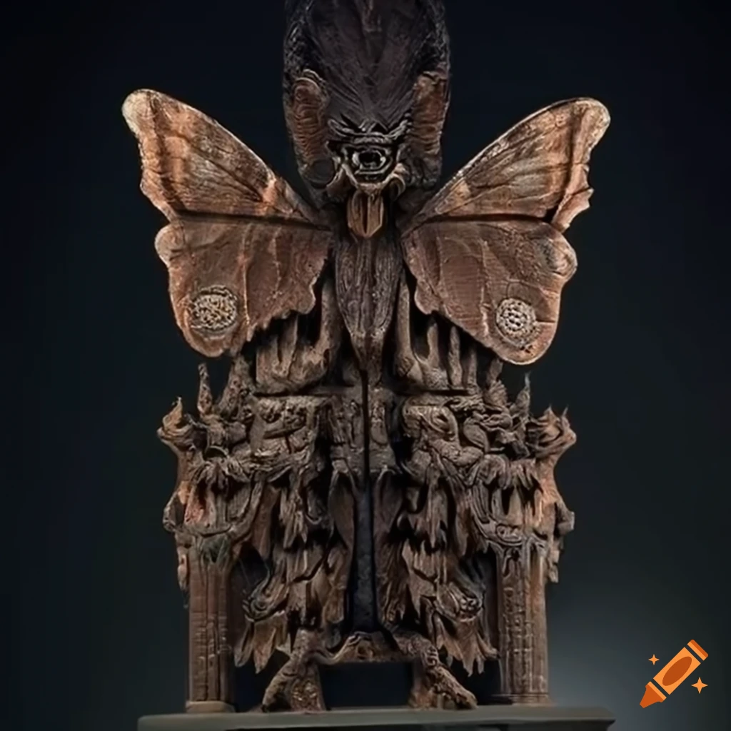 artistic carving of a moth werewolf motif
