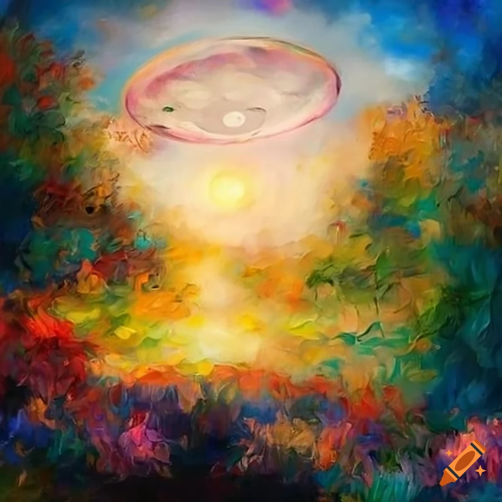 Impressionist Painting Of A Ufo Above A Garden At Sunrise Cbe51257a7144ad181947b8bbfc8f57c.webp