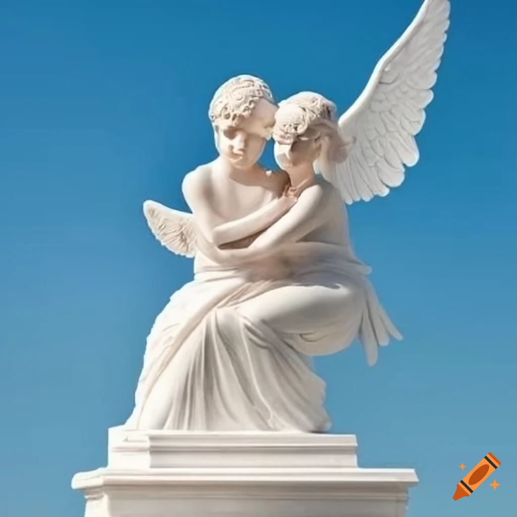 White plaster statues of angels embracing on Craiyon
