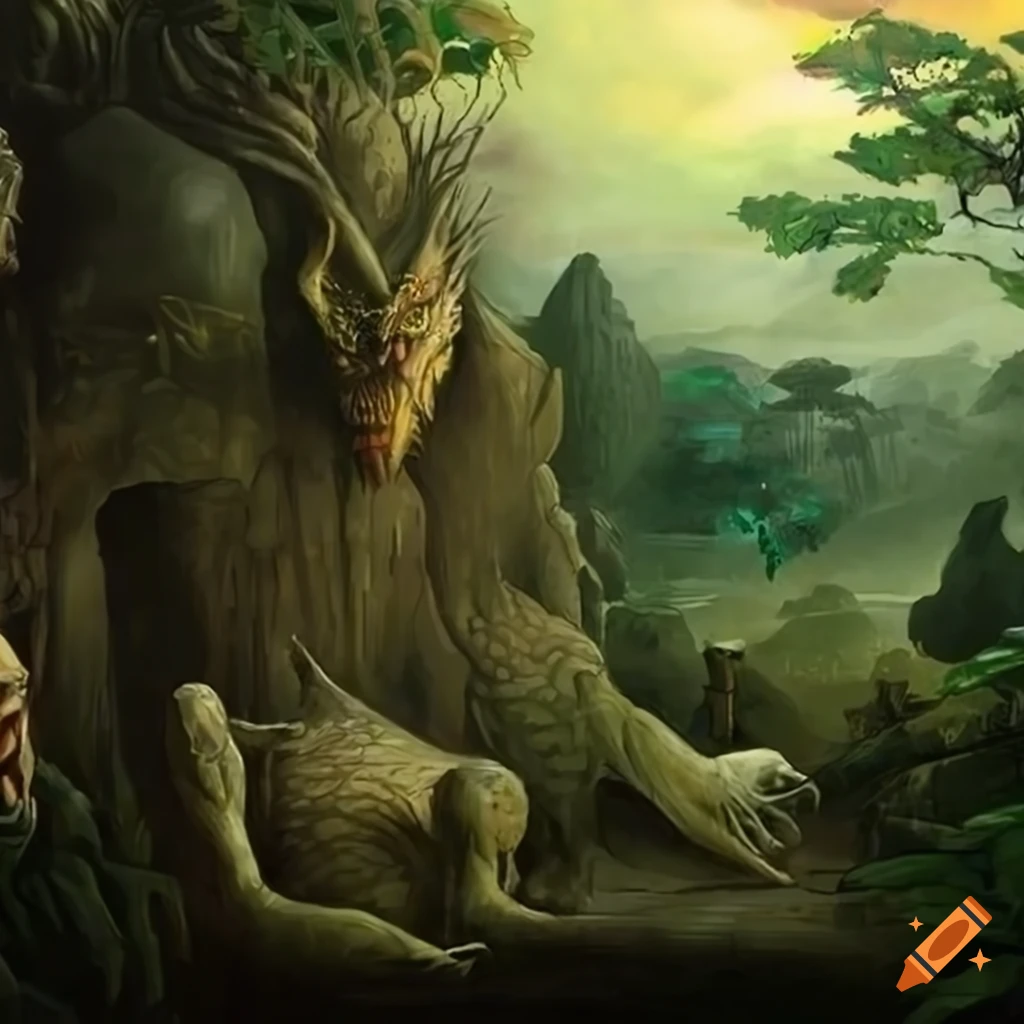 wide panorama of a jungle landscape with animal-human hybrids