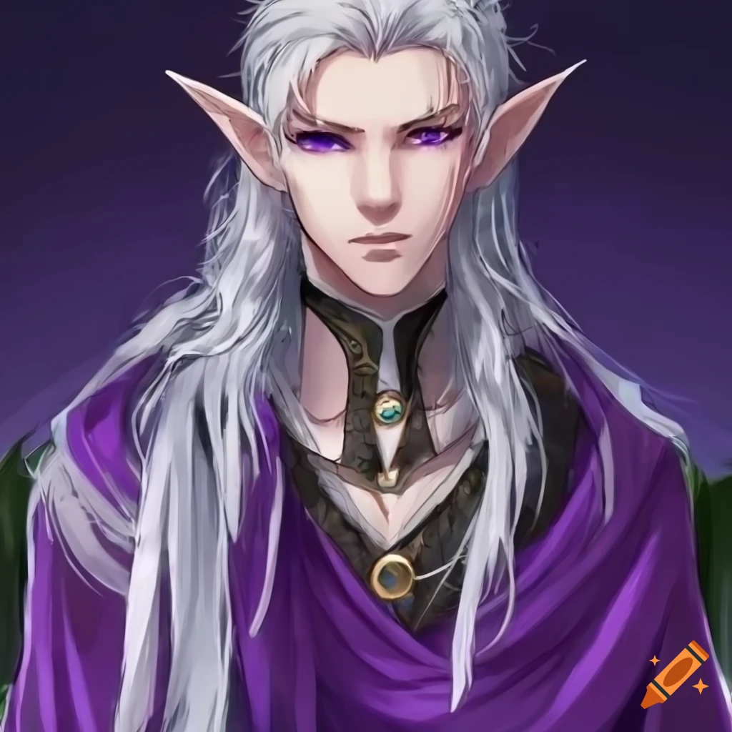 Anime male elf with silver hair and violet eyes on Craiyon