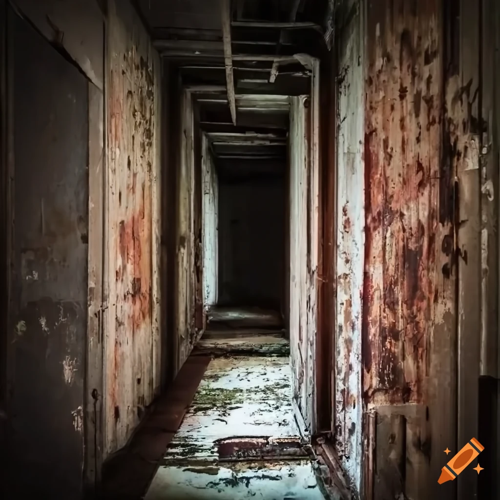 photograph of an abandoned bunker corridor with rusted metal doors
