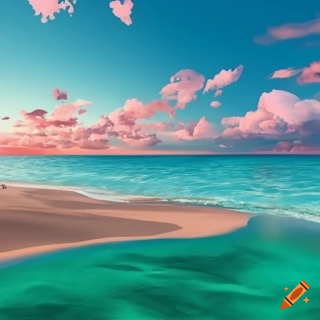 isometric 3D beach scene with pink clouds and blue-green ocean
