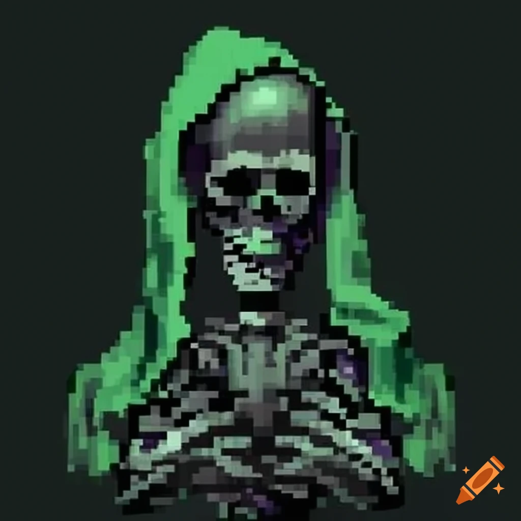 pixel art of a frightening skeleton in black, green, and purple