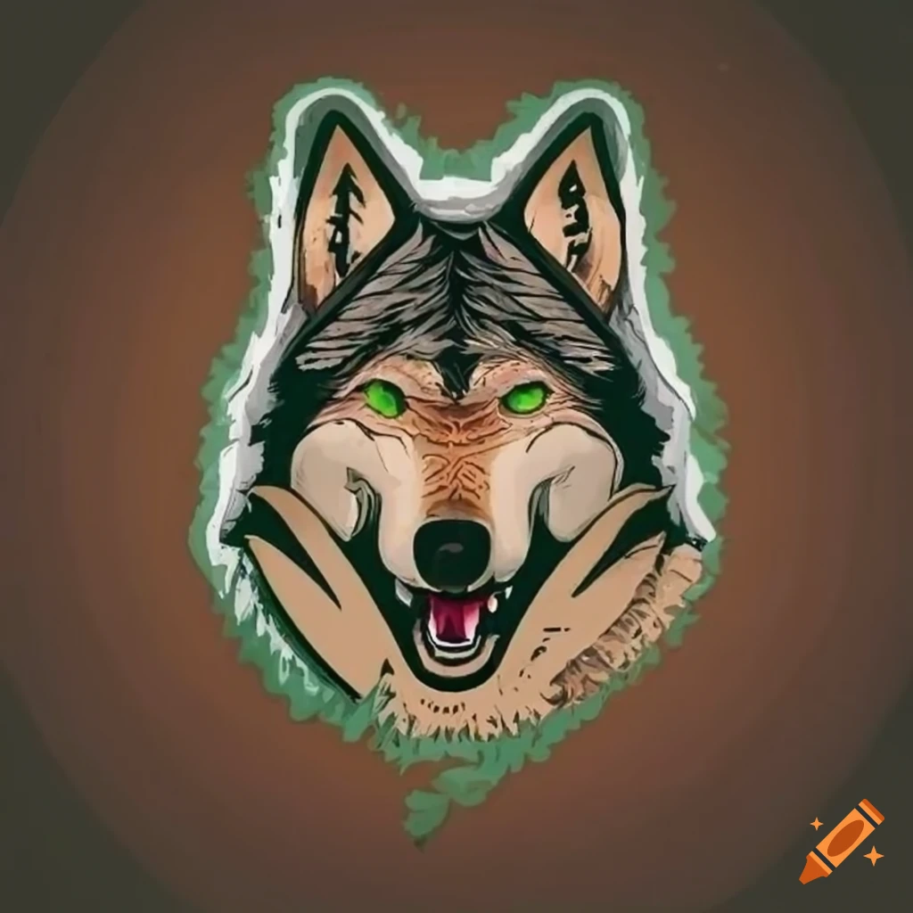 hockey logo with a timberwolf and pine trees