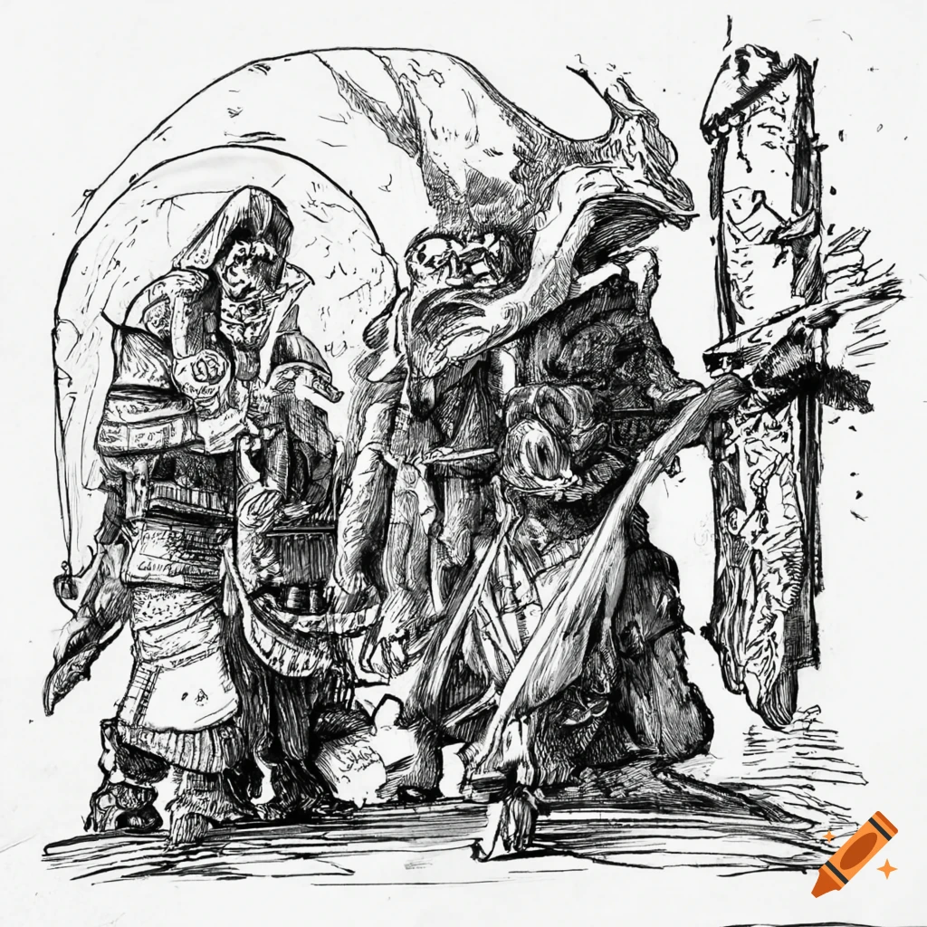 black and white illustration of adventurers entering a dungeon