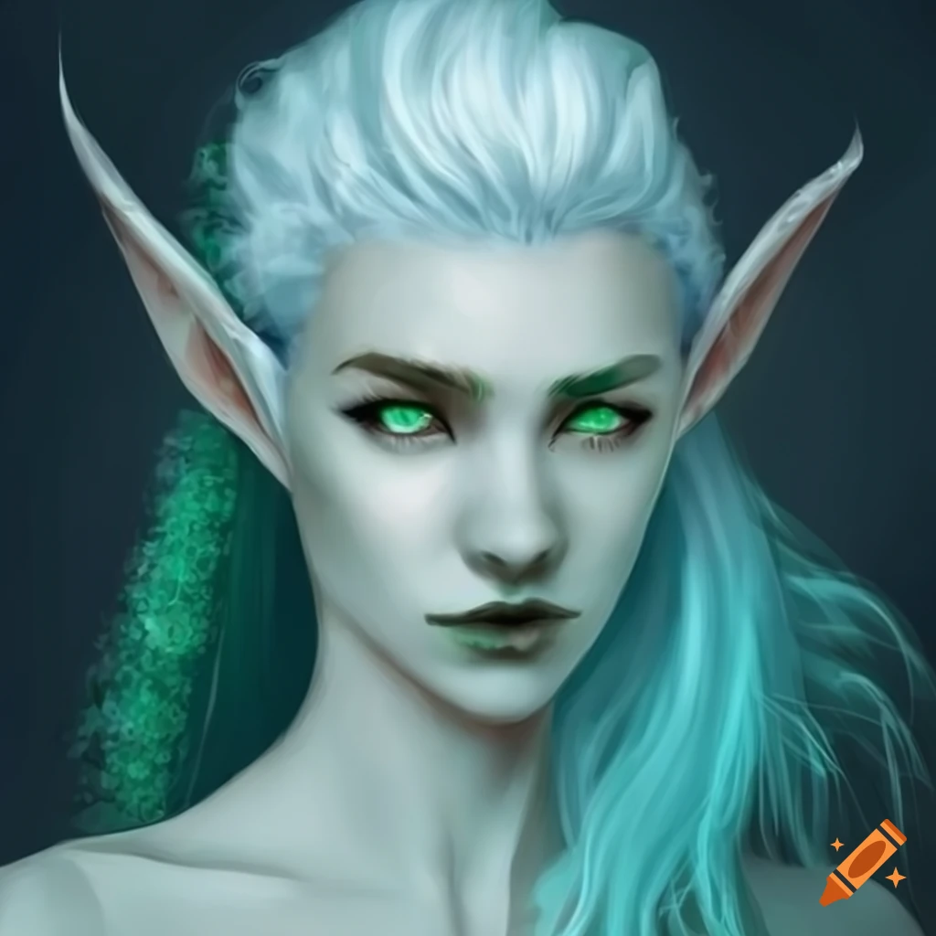 Character design of a sea elf with white hair and green eyes