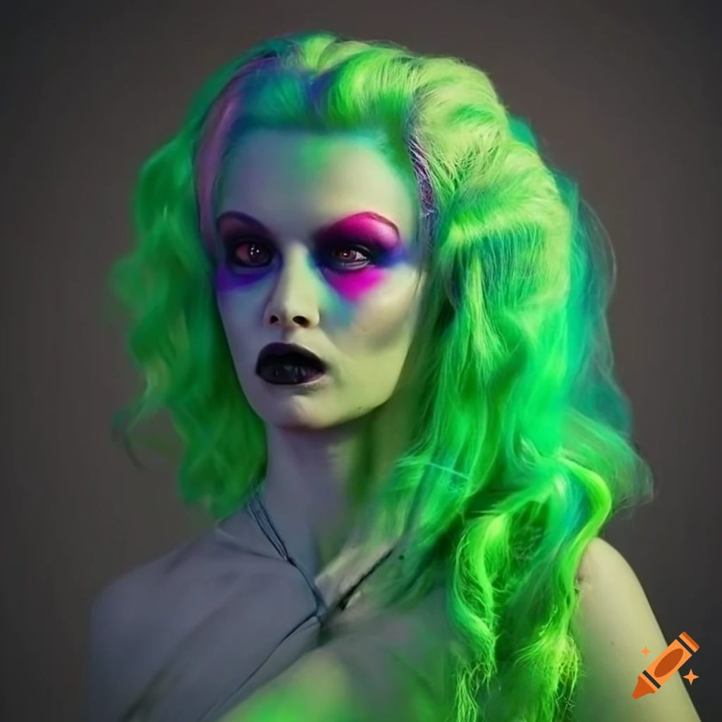 Futuristic illustration of bride of frankenstein with neon hair