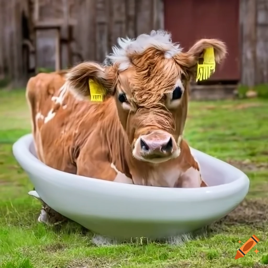 adorable baby cow taking a bubble bath in a claw foot bath tub