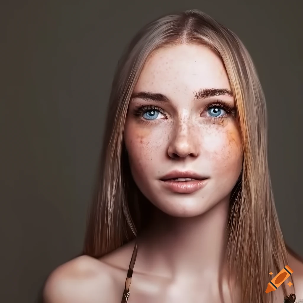 Portrait of a beautiful young woman with a shy smile and freckles on ...