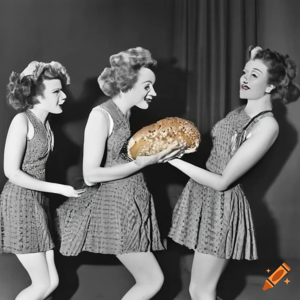 B&W photo of chorus girls holding giant bagels