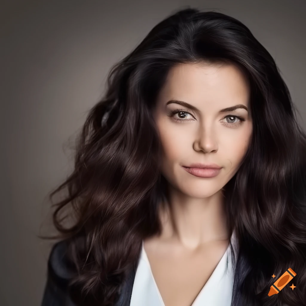Woman with dark wavy hair in business attire on craiyon