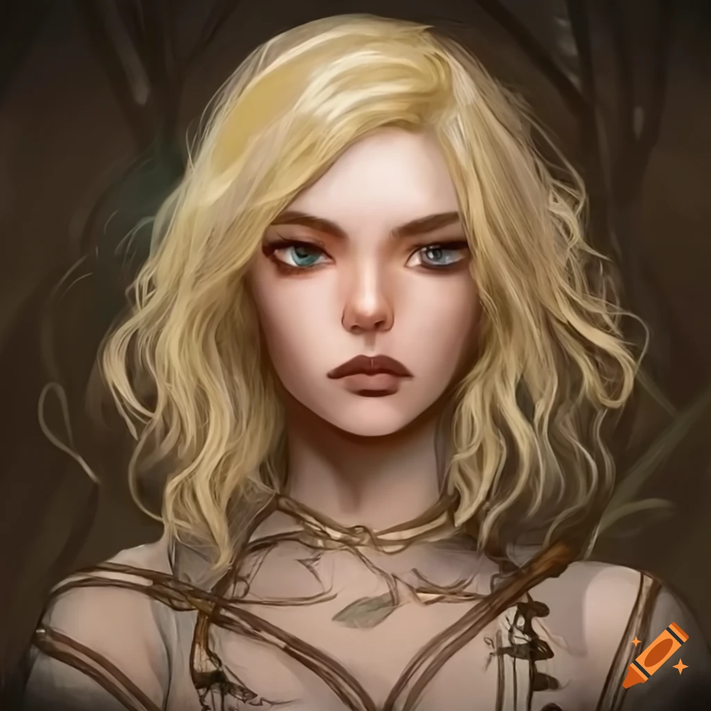 medieval elf with blonde wavy hair in the forest
