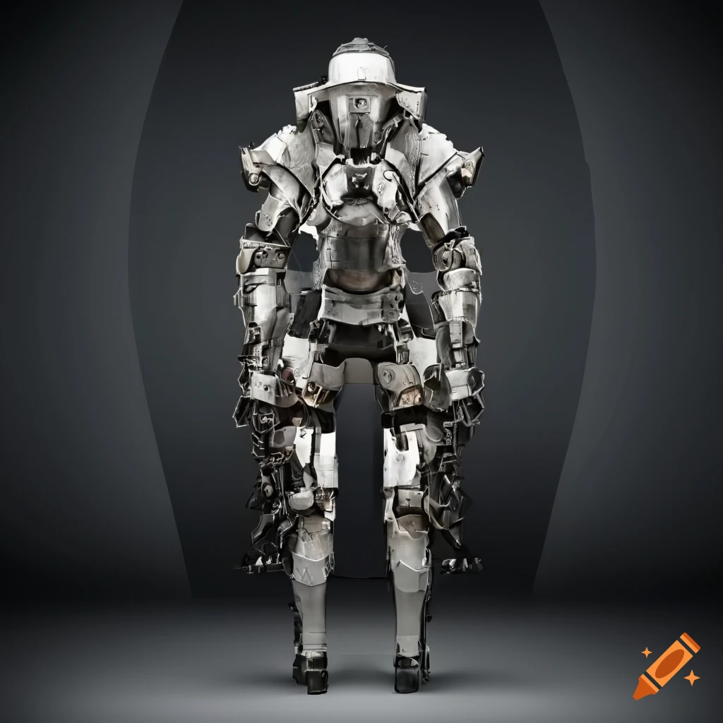 Photorealistic image of a robotic knight in metal exoskeleton armor on