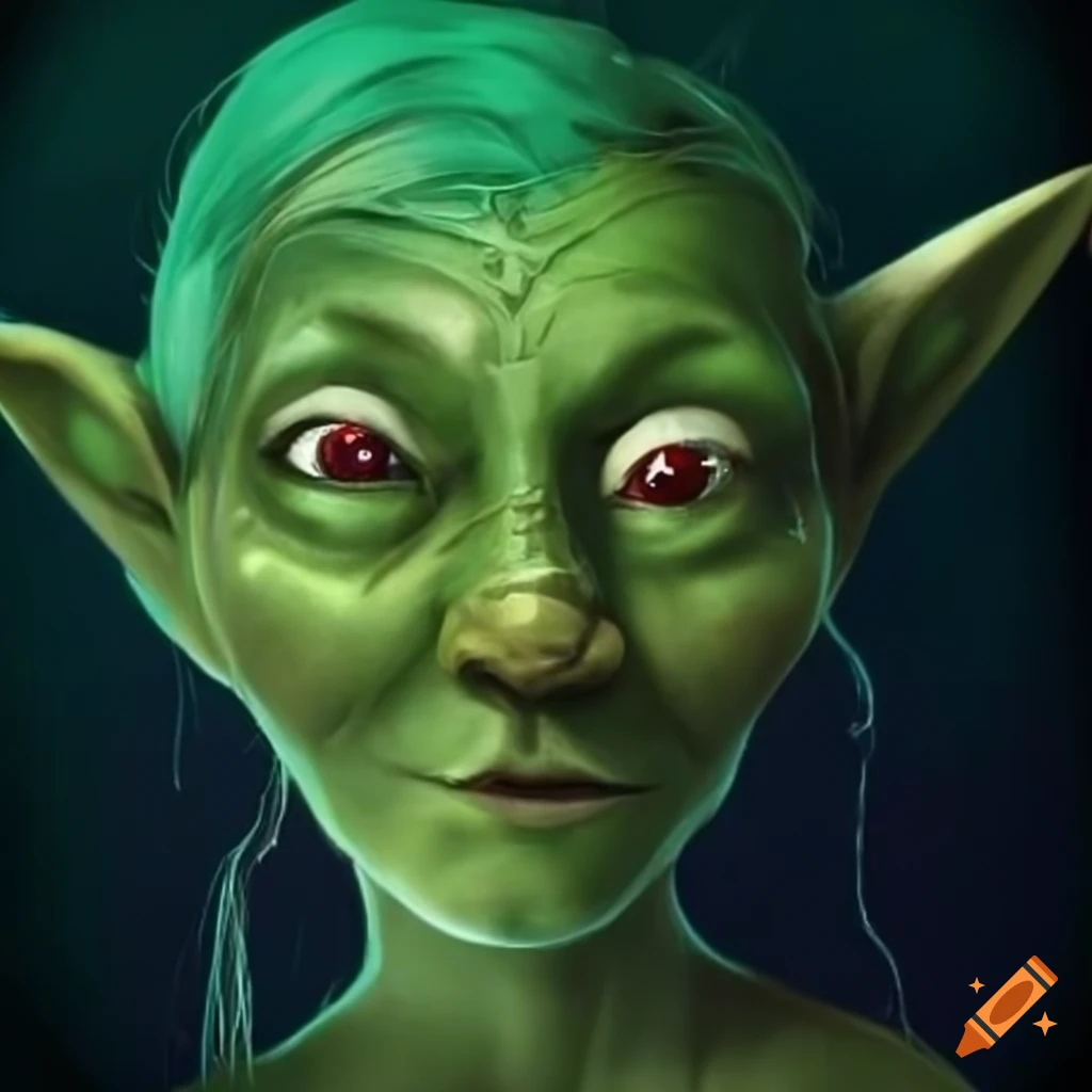 Digital artwork of a shy female goblin with green skin