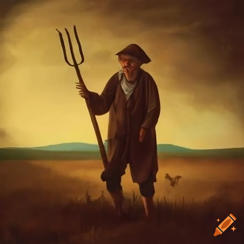 peasant in a field with a pitchfork
