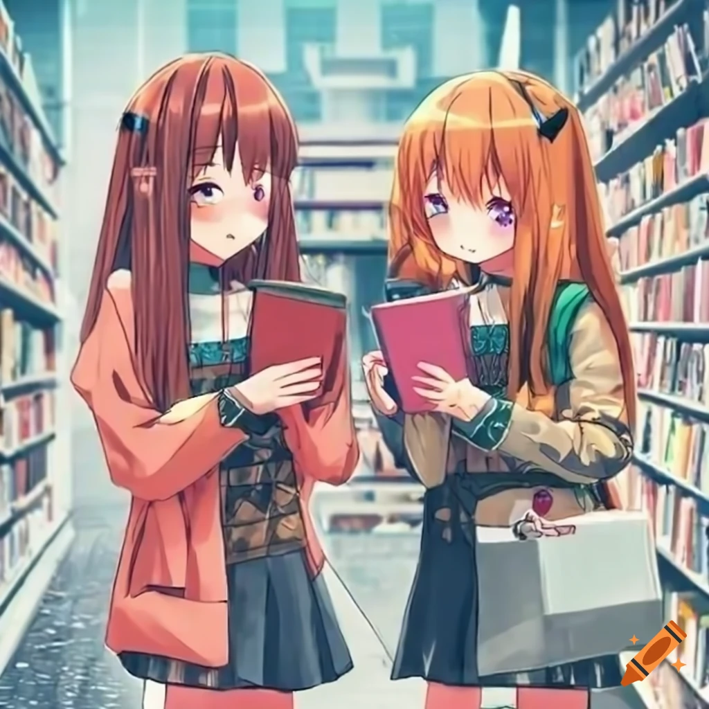 anime girls enjoying a rainy day at a bookstore