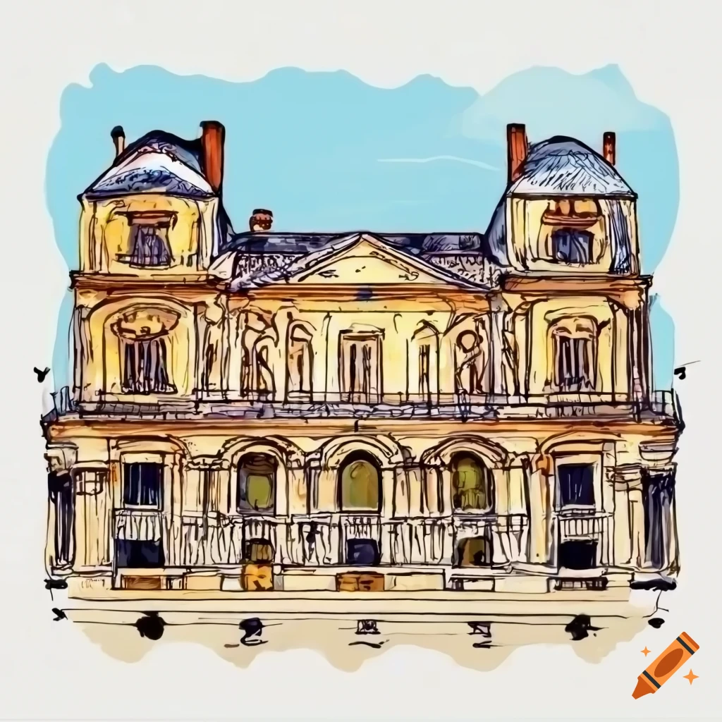 doodle of the Louvre Museum in ink and watercolor