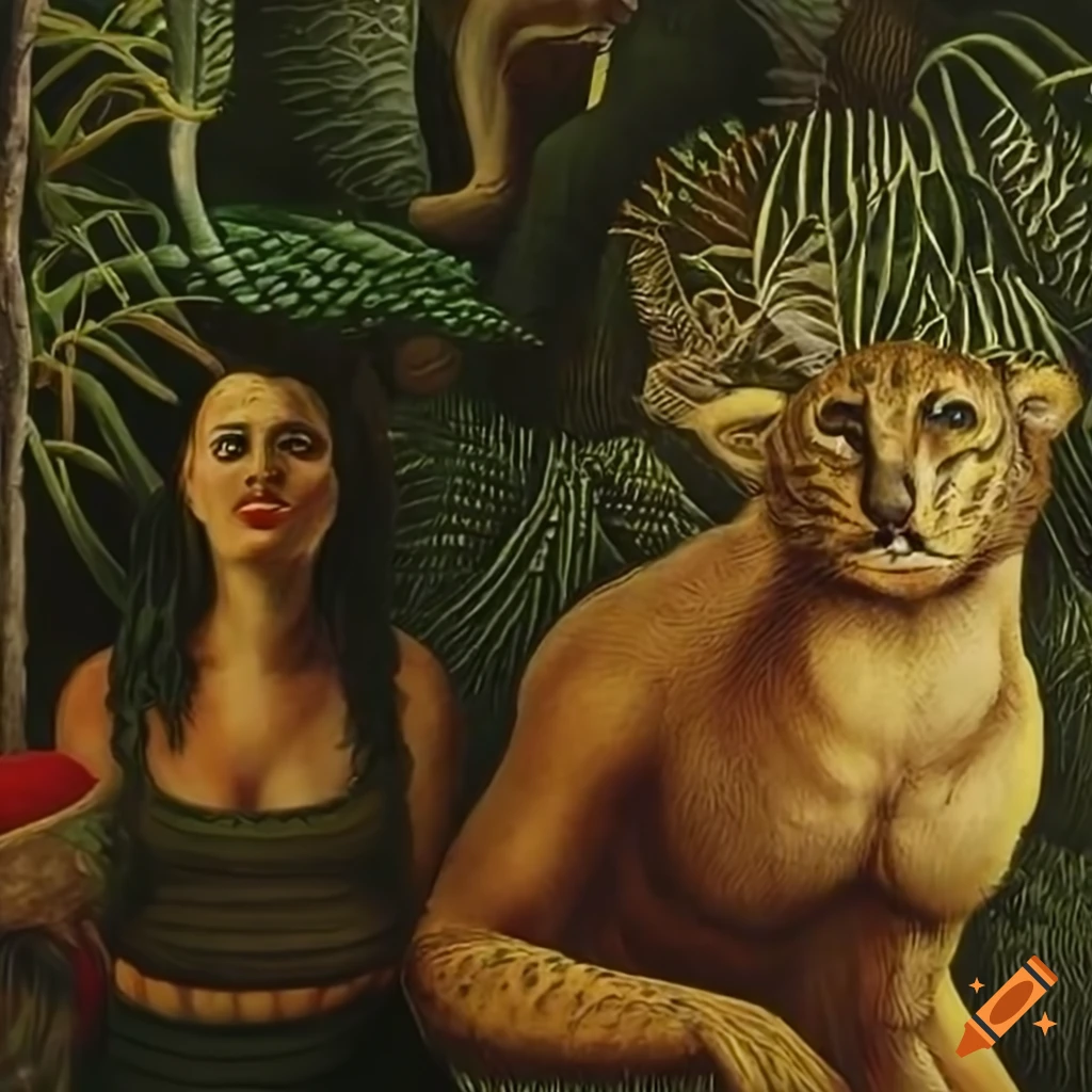 Wide panorama of a jungle landscape with animal-human hybrids on Craiyon