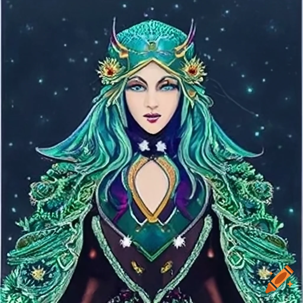 depiction of Lun'evarenei Tindómë Cáramíra, the Elvish deity of Winter Solstice