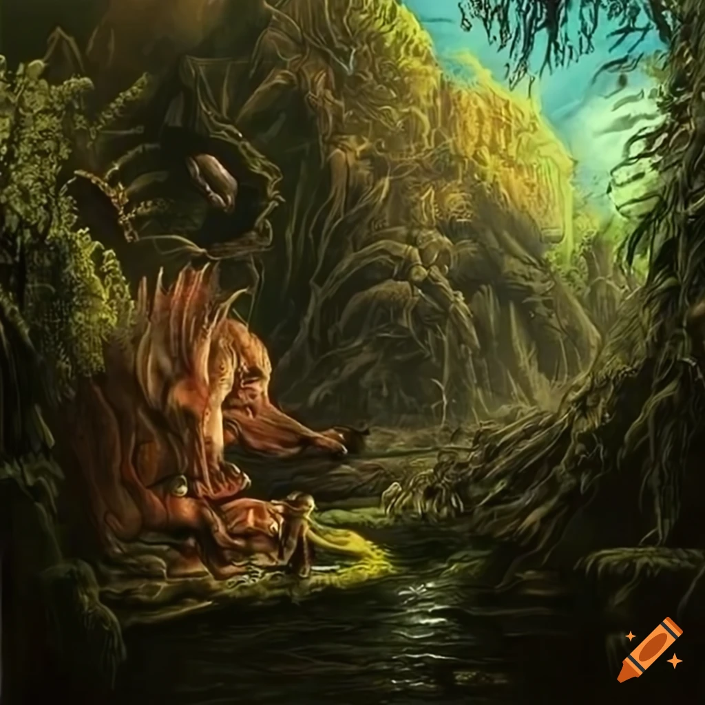 wide panorama of a jungle landscape with animal-human hybrids