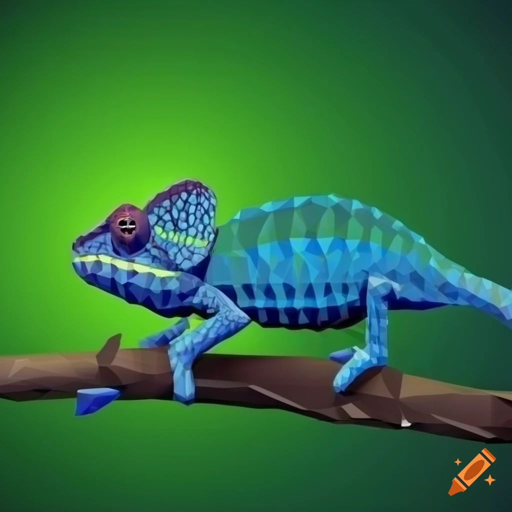 vibrant blue low-poly chameleon on a branch