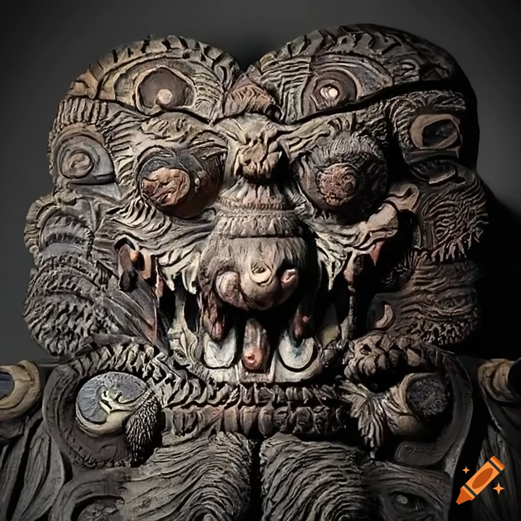 detailed sculpture of a beehive with moth and werewolf motif