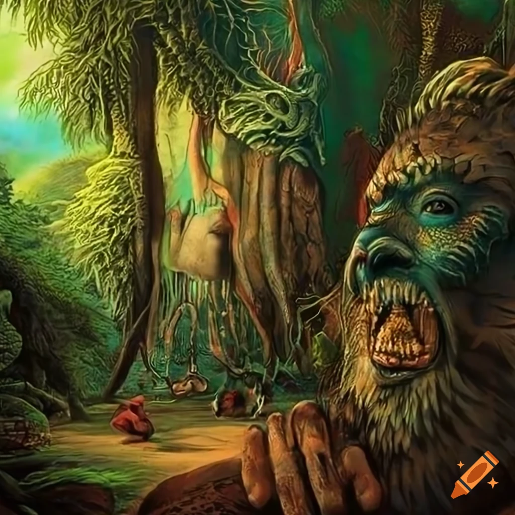 wide panorama of a jungle landscape with animal-human hybrids