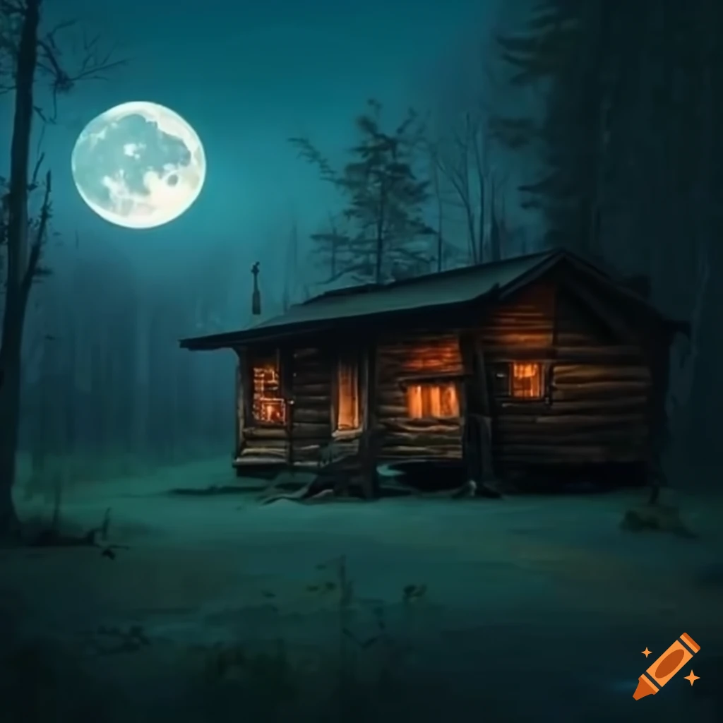 Cabin in a dark forest under a full moon on Craiyon